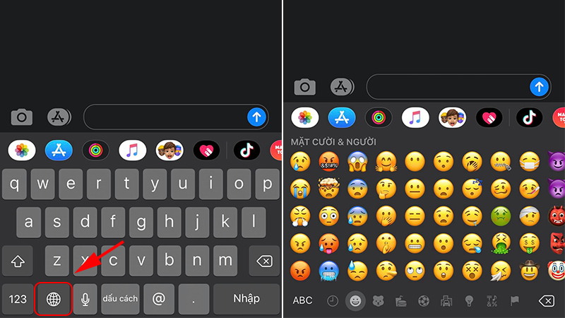 Bấm vào biểu tượng quả địa cầu và chọn emoji